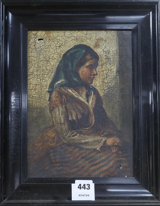 19th century English School, oil on canvas, portrait of seated woman, 27 x 19cm